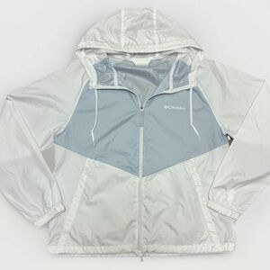 Columbia Gray White Windbreaker Jacket Small Hooded Lightweight Rain Coat